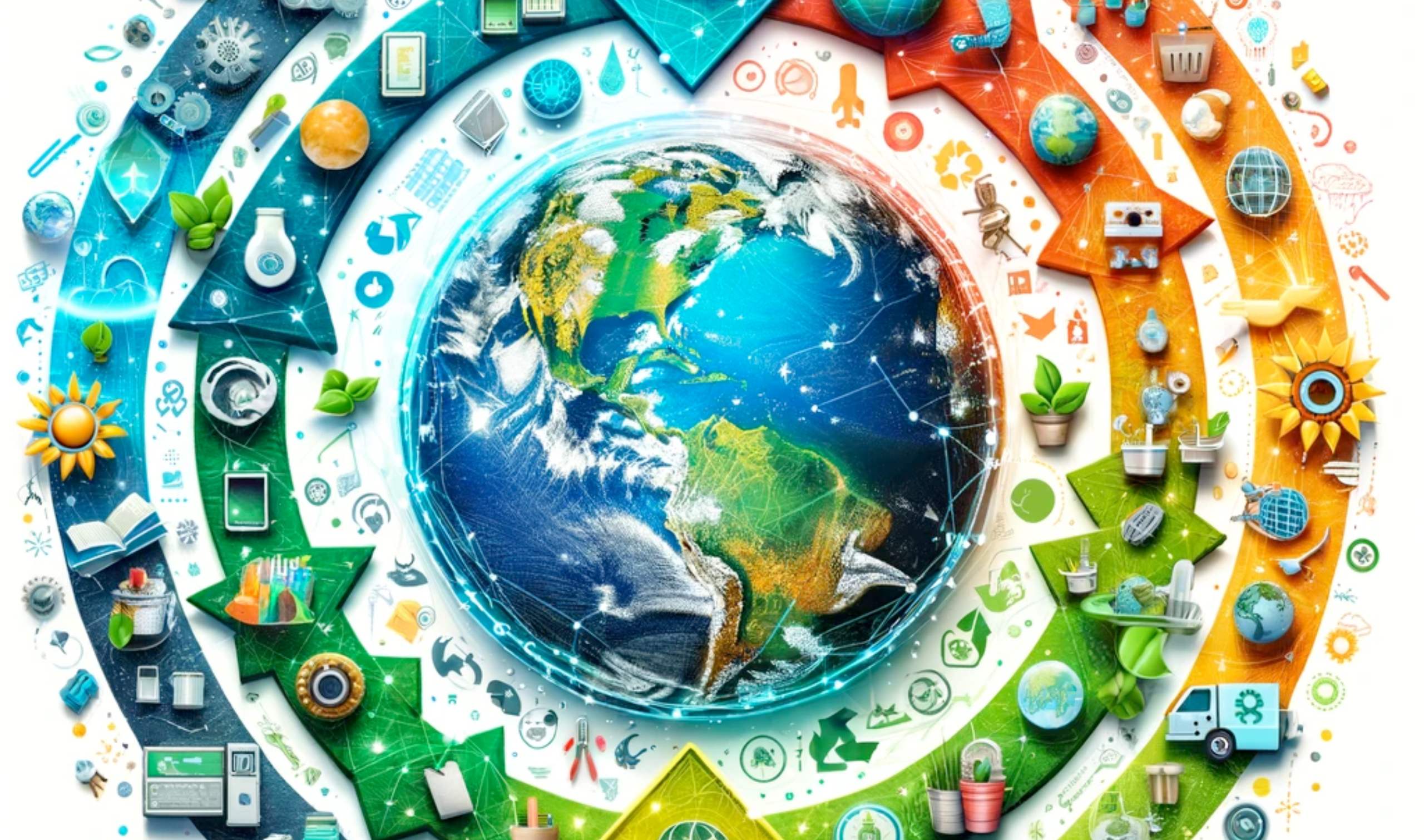 Eine Darstellung zum Thema Circular Economy. In der Mitte die Weltkugel.